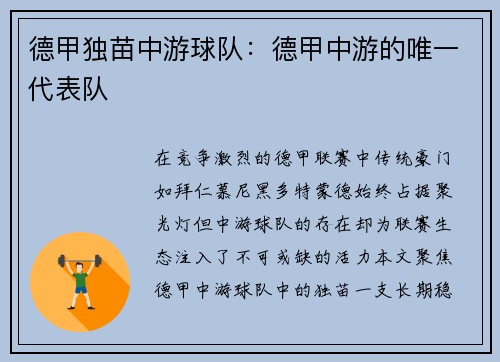 德甲独苗中游球队：德甲中游的唯一代表队