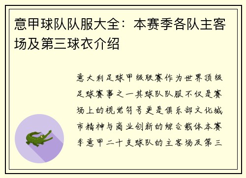 意甲球队队服大全：本赛季各队主客场及第三球衣介绍